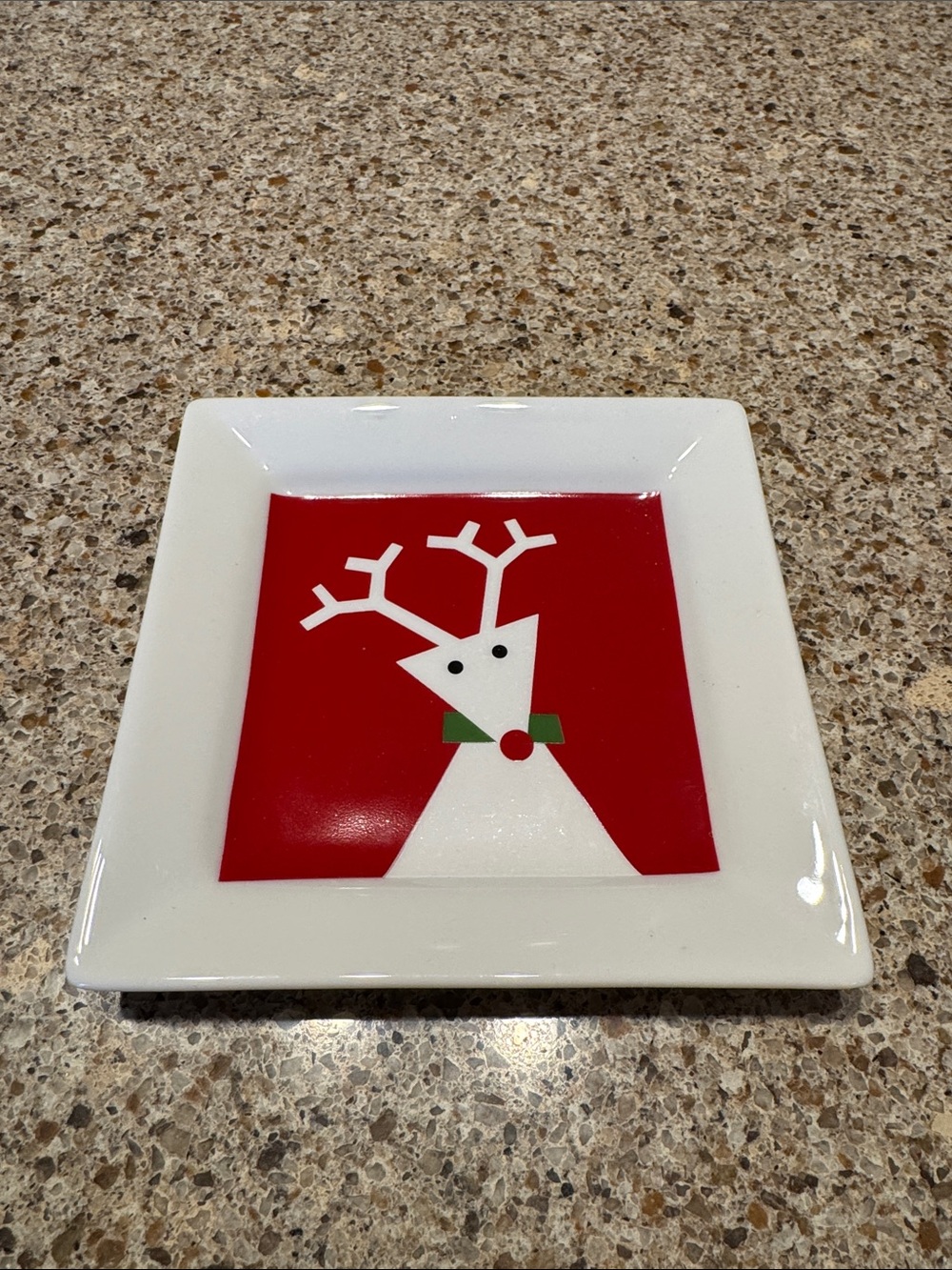 Crate & Barrel Red and White Reindeer Holiday Square Appetizer Plate 6”